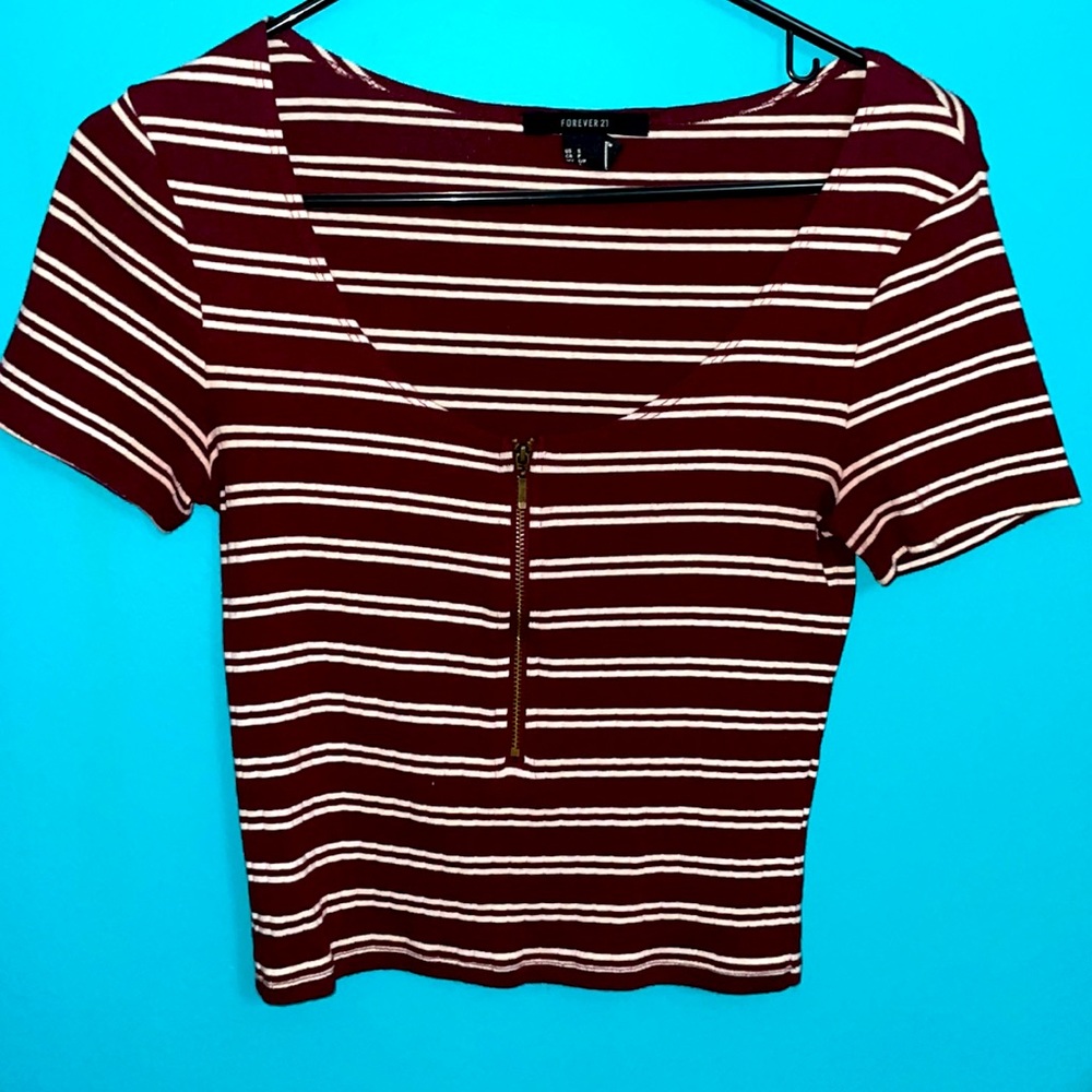 Striped maroon and white colored shirt. Size small and worn only twice.